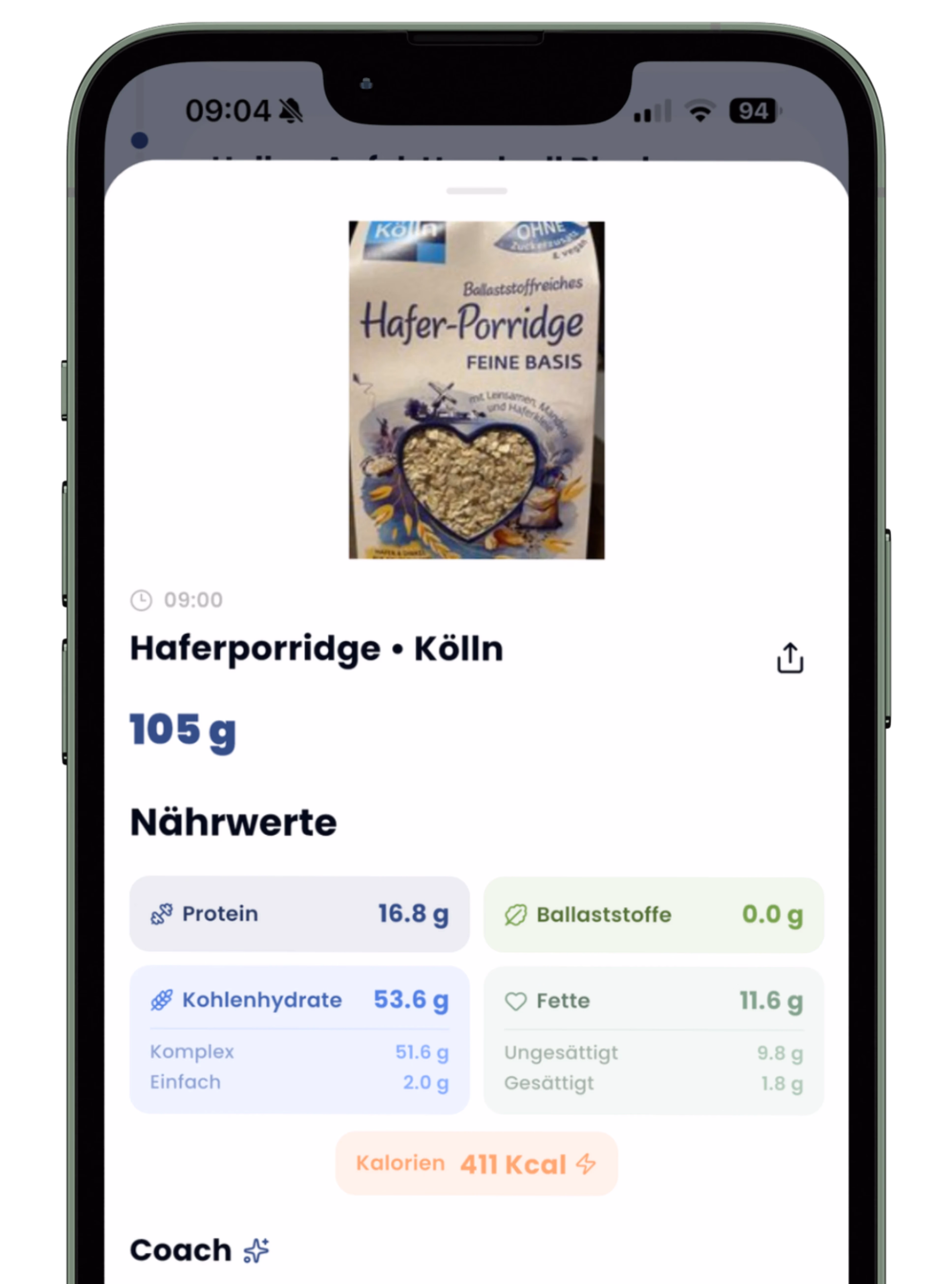 Preeo Analyse eines gescannten Lebensmittels mit Nährwerten und Coach-Feedback